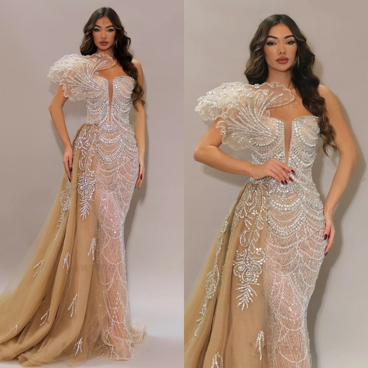 Fashion Mermaid Evening Dresses For Women Strapless Sleeveless Gown Sequins Pearl Appliques Customized Dress