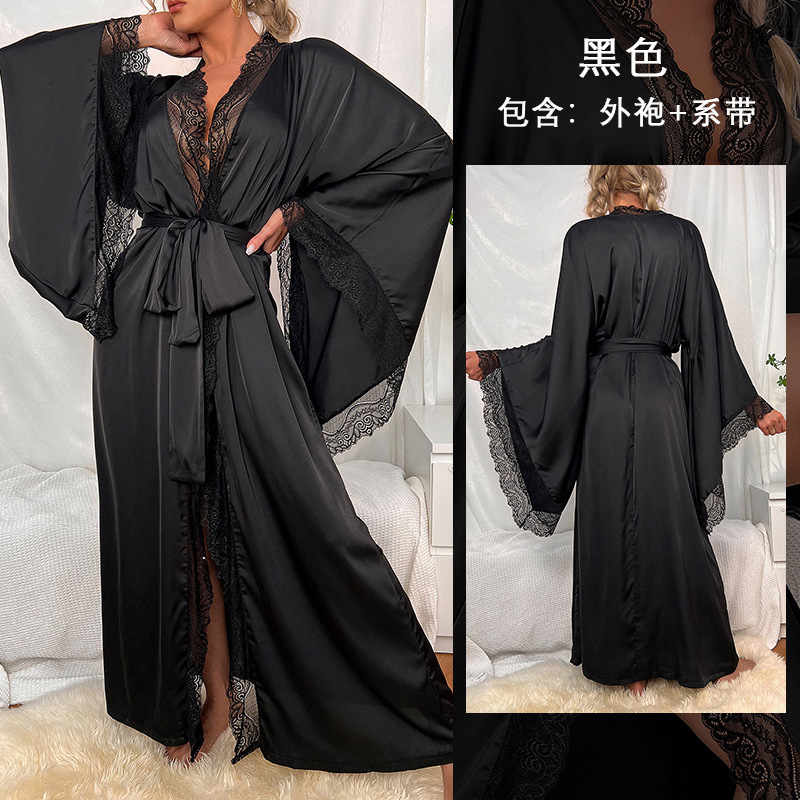New Satin Sleepwear Lace Light Luxury Long Sleeved Cool Sleeping Robe Bathrobe Home Wear Women 336