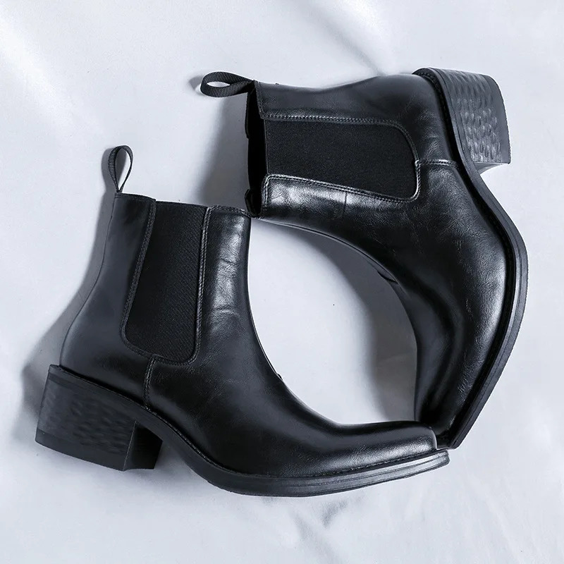 Mens Ankle Business Boots High Heels Handmade Spring Vintage British Style Comfortable Black Wedding Social Shoes Male 250114