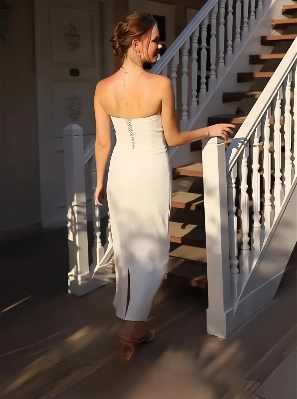 Simple Civil Wedding Dresses Sheath Tea Length Bridal Gowns With Detachable Long Sleeves Wrap 2025 Elegant Bride Dress Back Split