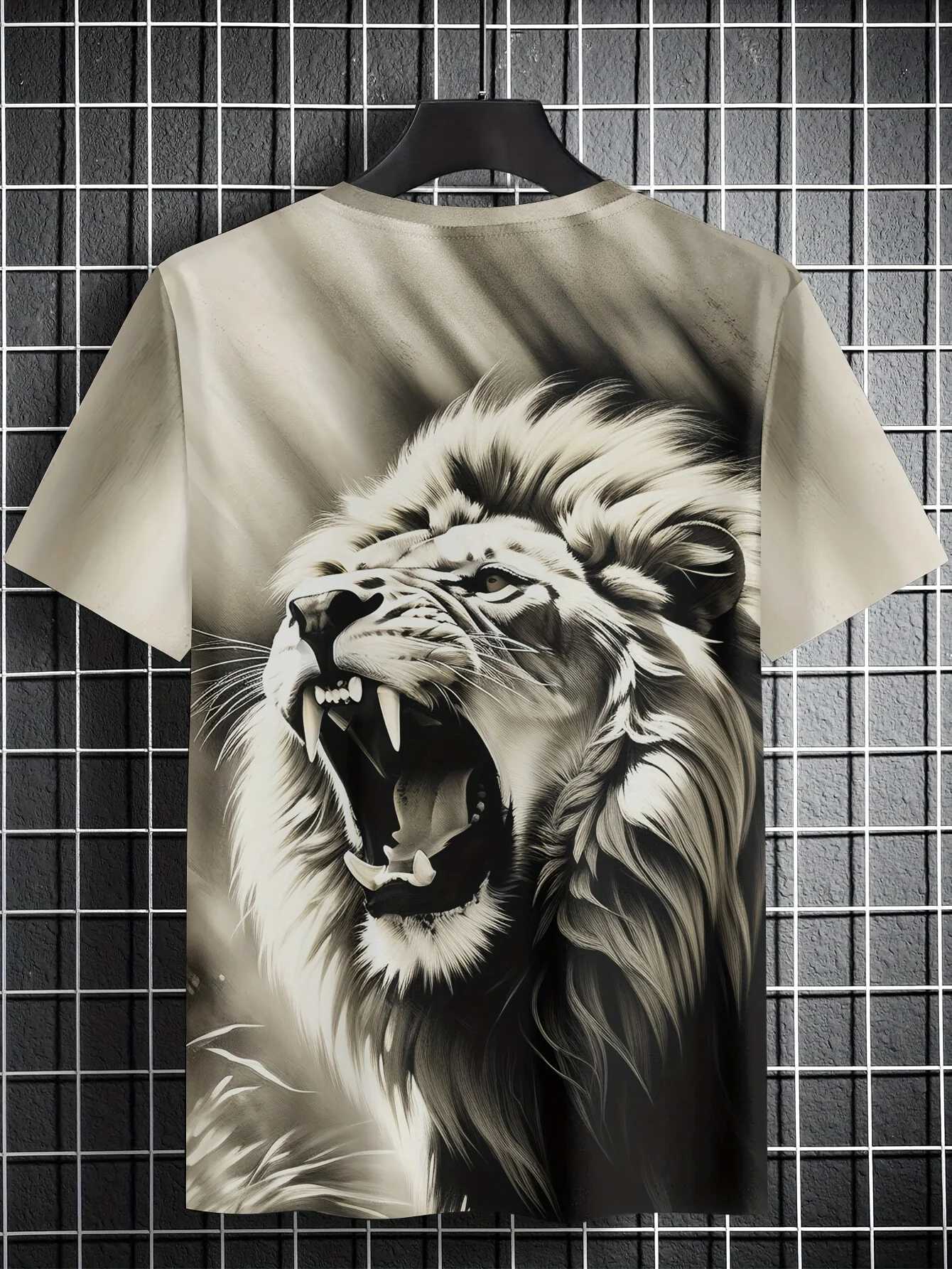 Mens Lion Print Short Sleeve Crew Neck T-Shirt Soft Breathable Casual Wear Outdoor Activities Summer Essential Clothing TshirtsXJ250117