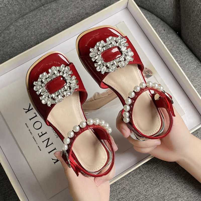 Sandals Girls Sandals Crystal Beading Elegant Patent Leather Children Sliders Open Toe Low Heel Solid Color 26-36 Kids Summer ShoesY250116R9FT