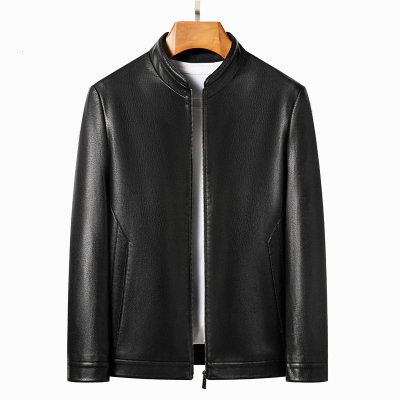YN-2335 Spring and Autumn Mens Genuine Leather Polo Mock Neck Jacket Fashion Slim Sheepskin Coat Black Grey Husband Gift Youth 250114