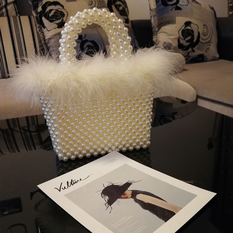 Autumn Winter Single Strap Handbag - Woven Vegetable Leather with Pearl Embellishments