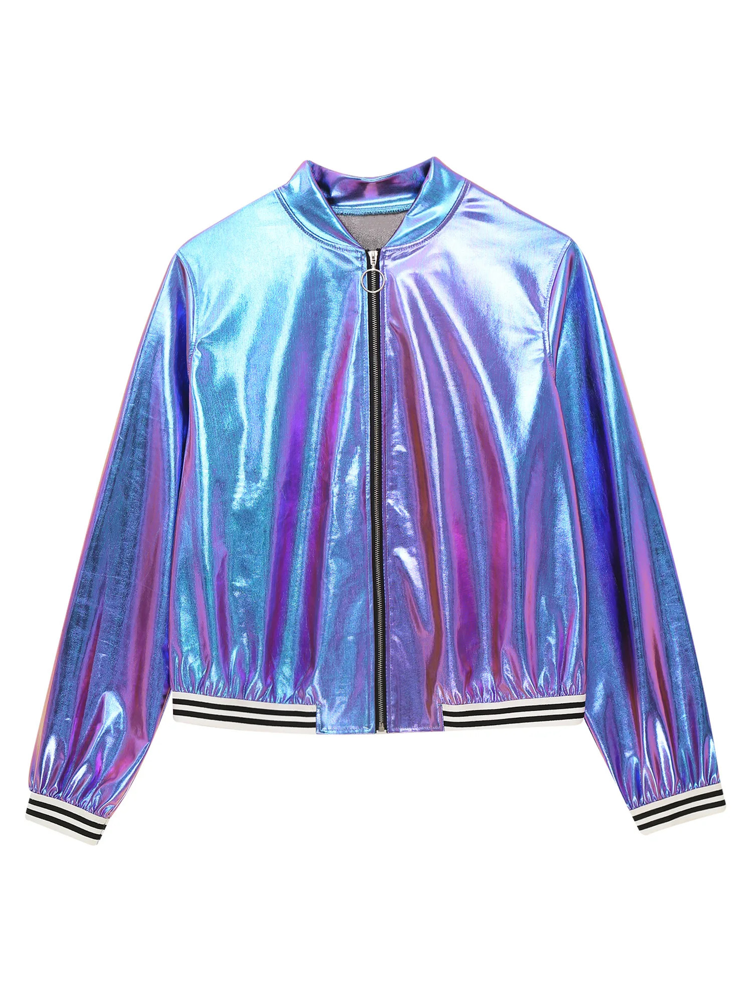 Womens Baseball Jacket Spring Autumn Holographic Metallic Shiny Bomber Jacket Coat Long Sleeve Zipper Striped Band Outerwear 250116