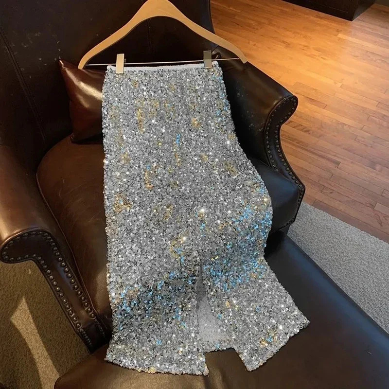 Sequin Decorate Women Midi Skirts High Waist Korean Office Lady Rear Slit A Line Y2K Elegant Hepburn Style Party 250108