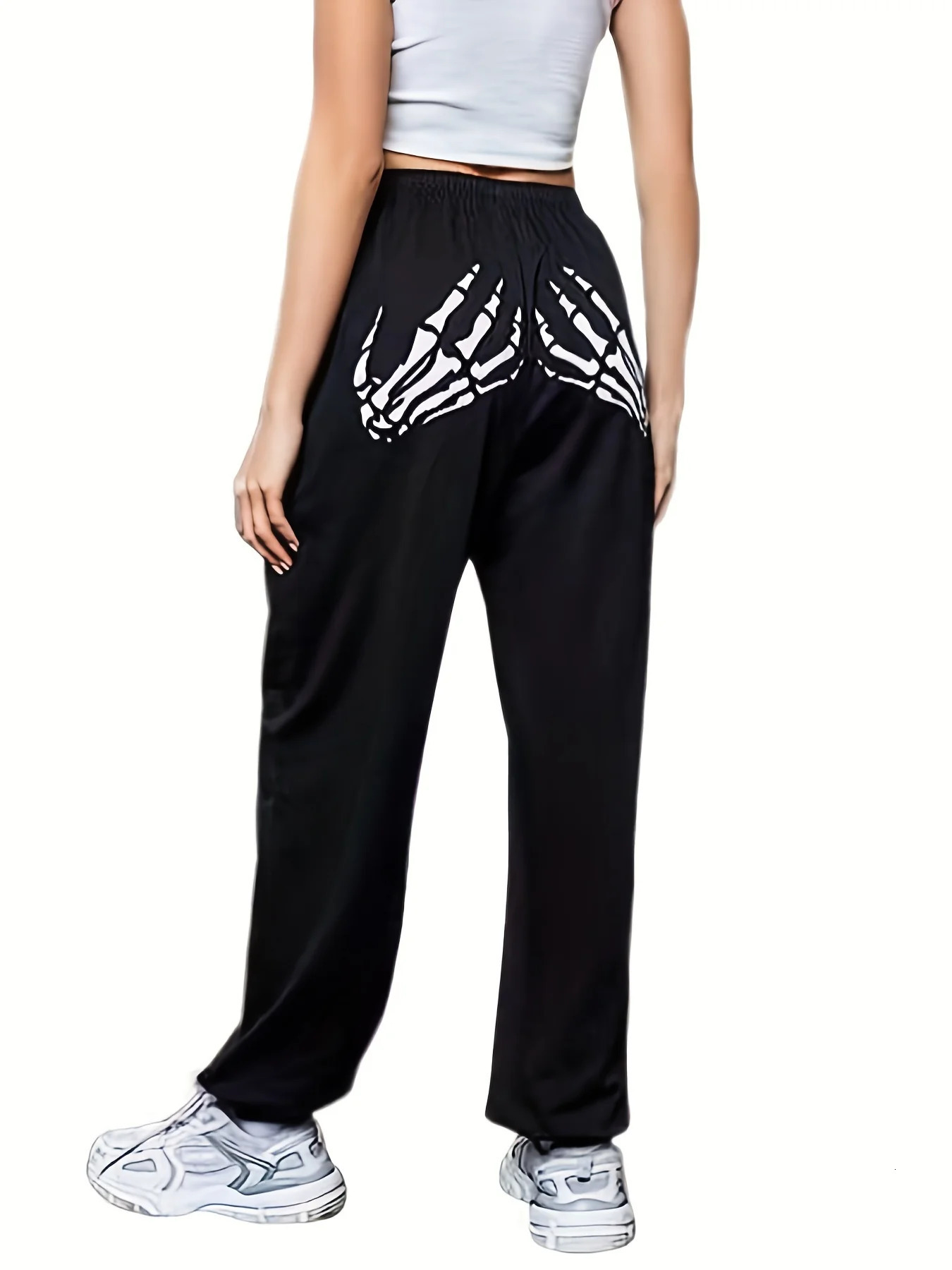 Halloween Skeleton Hands Print Casual Pants Loose Sports Womens Activewear 250106