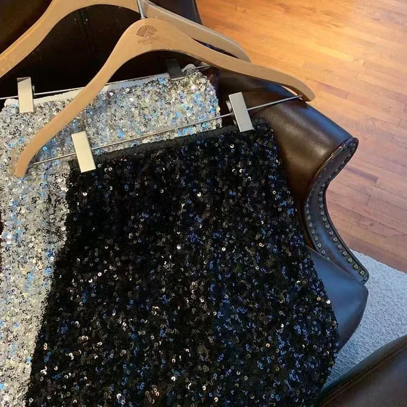 Sequin Decorate Women Midi Skirts High Waist Korean Office Lady Rear Slit A Line Y2K Elegant Hepburn Style Party 250108