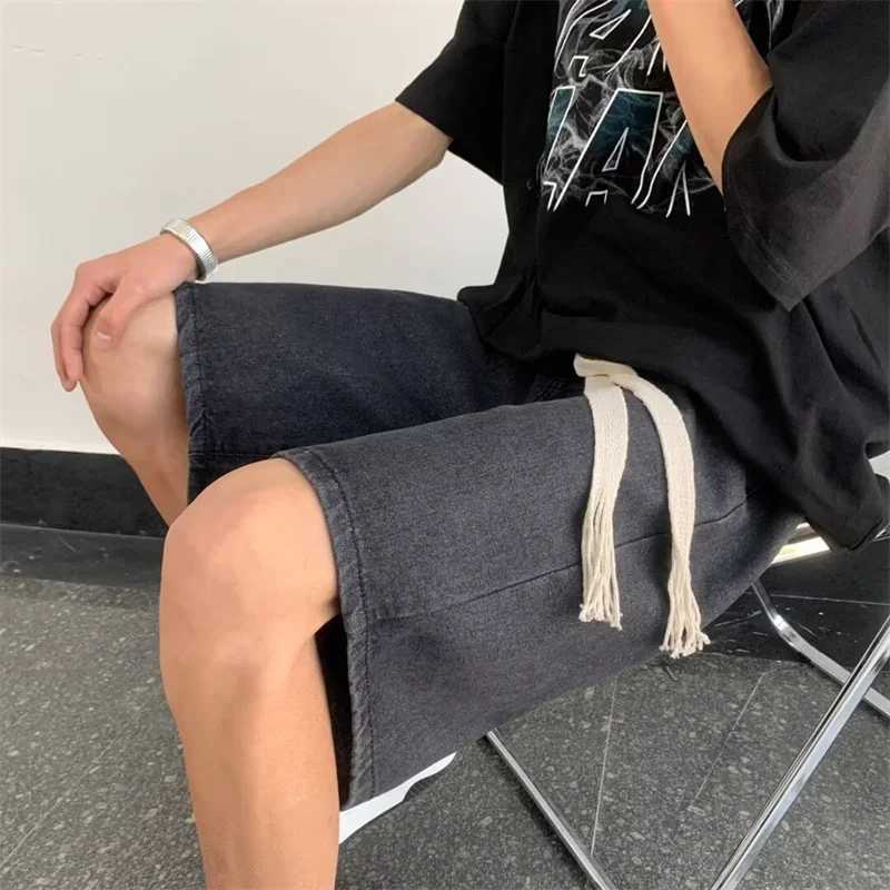 Summer Y2K Denim Shorts For Men Korean Fashion Vintage Straight Short Jeans Casual Streetwear Baggy Drawstring Bermuda masculinaXJ250117