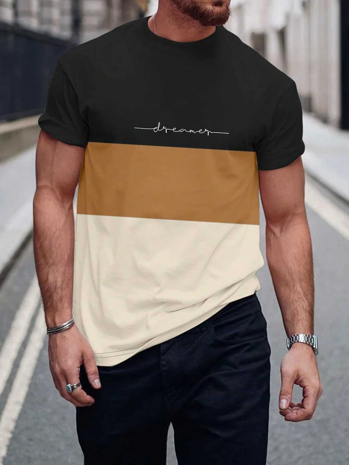 Fashionable Mens Color Block Letter Printed T-Shirt Harajuku Basic Short Sleeve Tee Tops Leisure O-Neck Mens Casual t-shirtXJ250117