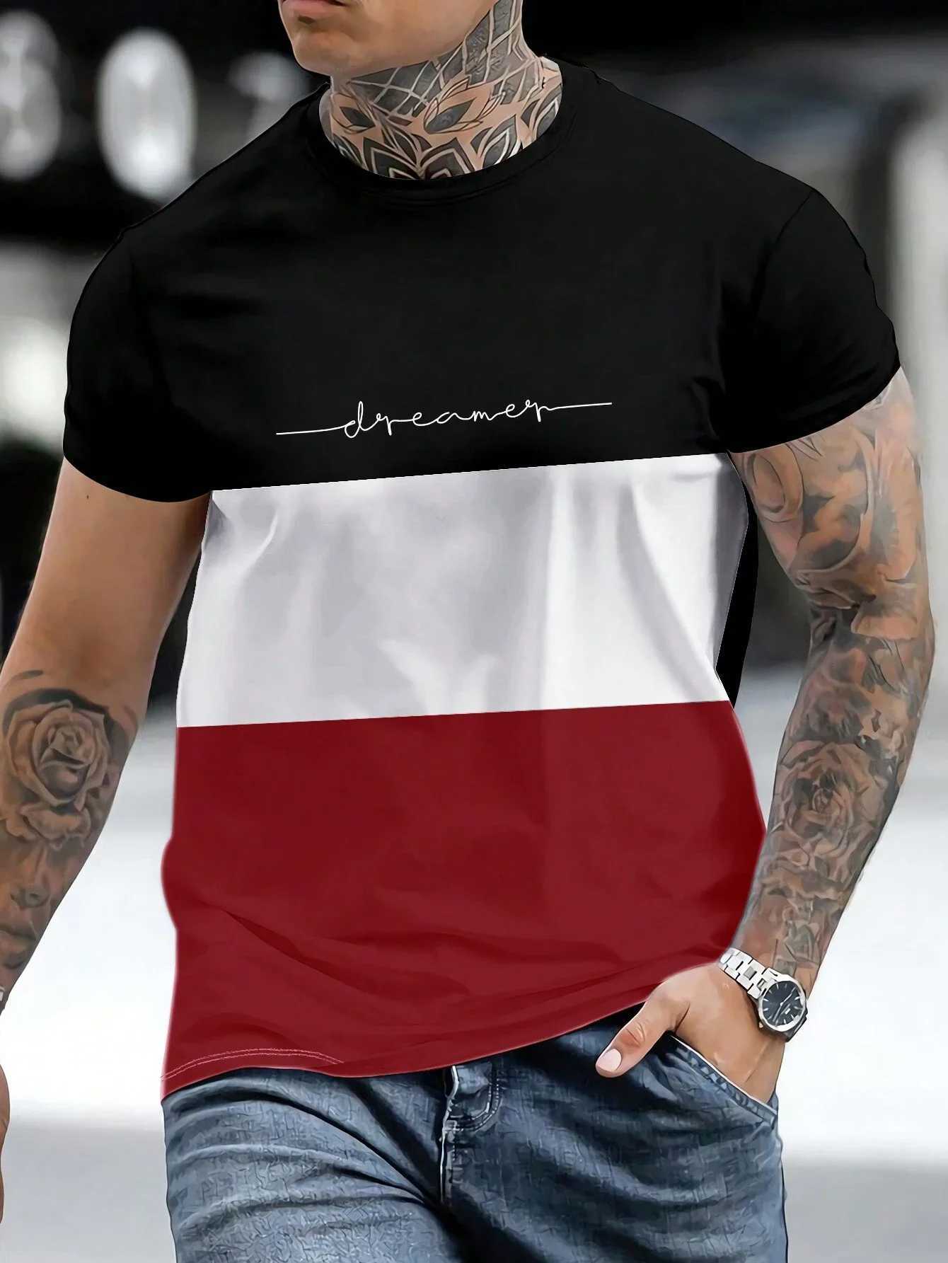 Fashionable Mens Color Block Letter Printed T-Shirt Harajuku Basic Short Sleeve Tee Tops Leisure O-Neck Mens Casual t-shirtXJ250117