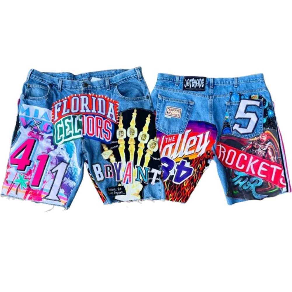 American Shorts Y2K Jeans Men Women Hip Hop Cartoon Pattern Patch Embroidery Retro Blue baggy Denim Fitness Shorts Casual ShortsXJ250117