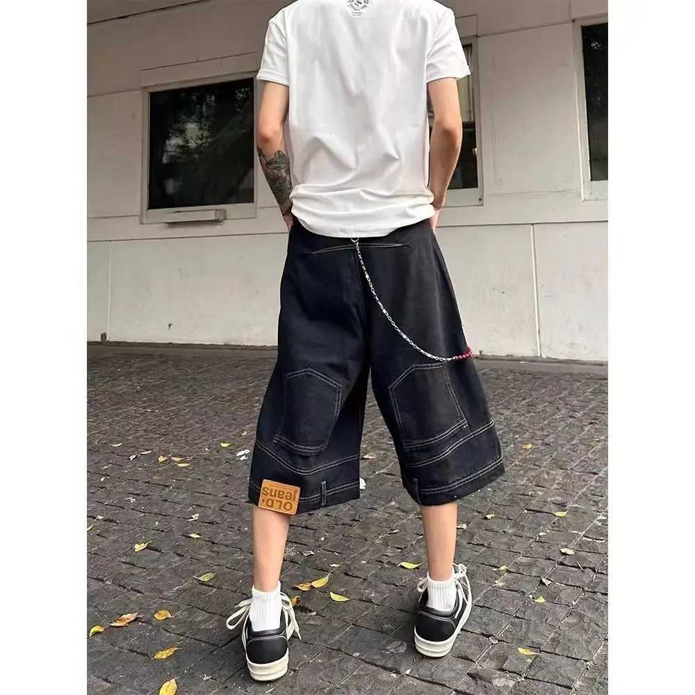 Hip hop retro waist reversal design mens denim shorts Instagram Gothic streetwear loose straight leg pants sports pants W250319