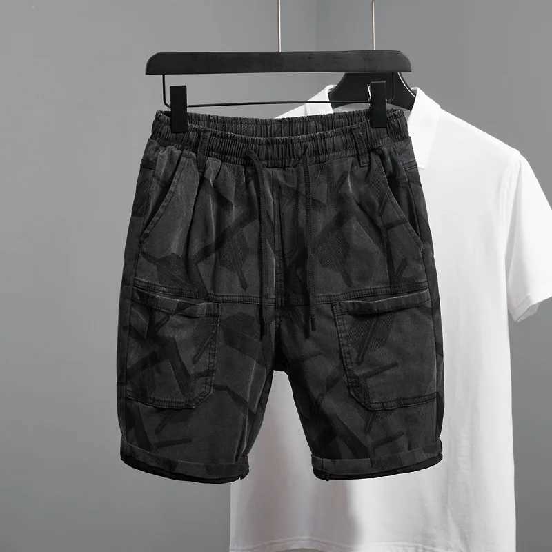 Summer multi pocket jeans shorts for mens fashionable printing trend street stretch casual loose denim casual pantsXJ250117