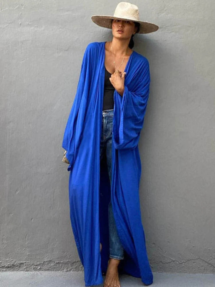 Solid beach cover womens self waistband wrapped kimono dress swimsuit summer beach wear factory supply 250109