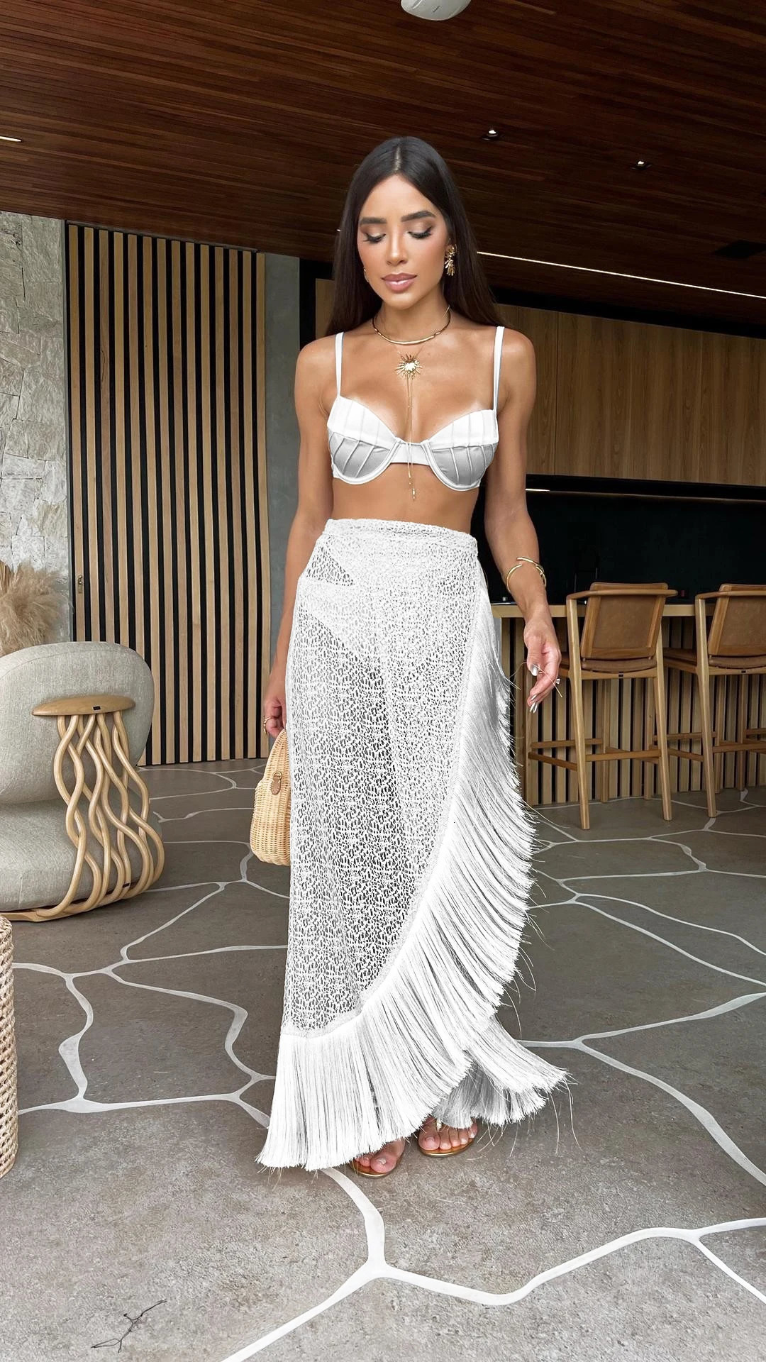 2025 Swimsuit 3 Pics Set with Tassel Skirt Bikini Women Swimsuit Button High Waist Swimwear Bathing Suit Beachwear Biquini 250113
