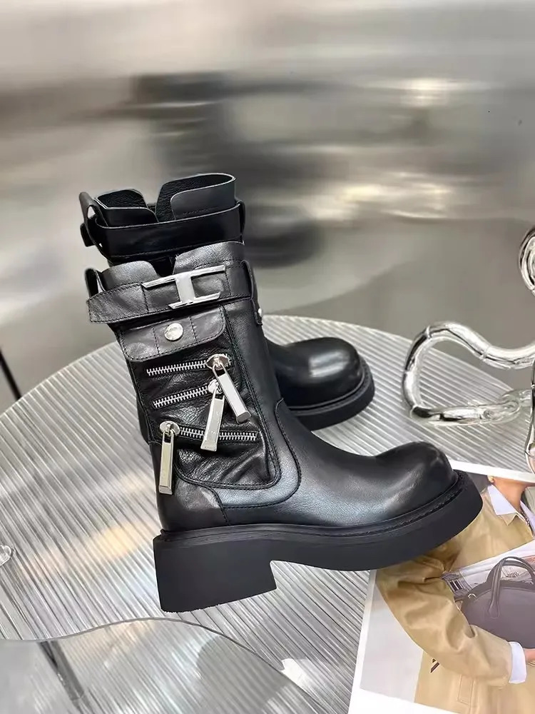Women Genuine Leather Motorcycle Boots Autumn Winter Vintage British Style Platform High Top Shoes Punk Cargo Female 250117