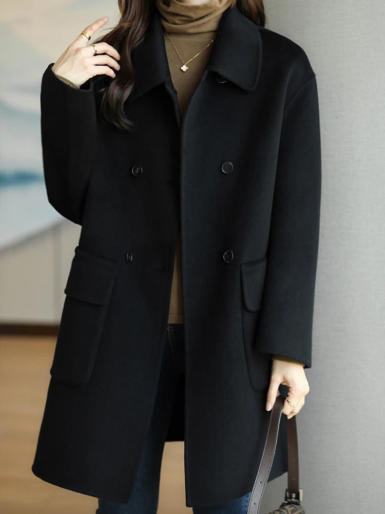 Autumn Winter Cotton Thickened Woolen Coat Women Korean Version Slim Fit Medium Long Solid Color 250109Z