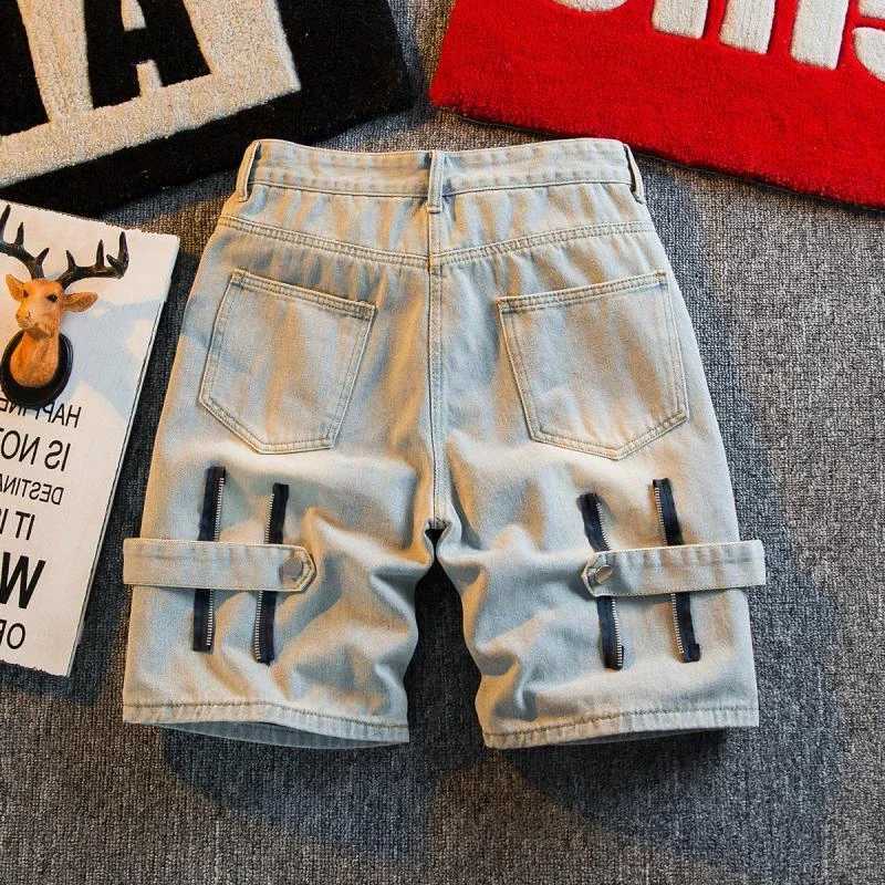Male Denim Shorts Baggy Hip Hop Wide Zipper Mens Short Jeans Pants Loose Cut Jorts Streetwear Designer Y2k Fashion Blue KoreanXJ250117
