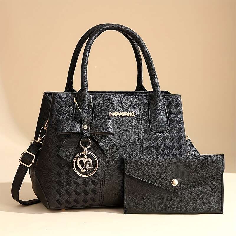 1 set of themed elegant black faux leather handbag and wallet set, anime themed, non-woven pattern, edge, fixed shoulder strap, zipper closure, polyester