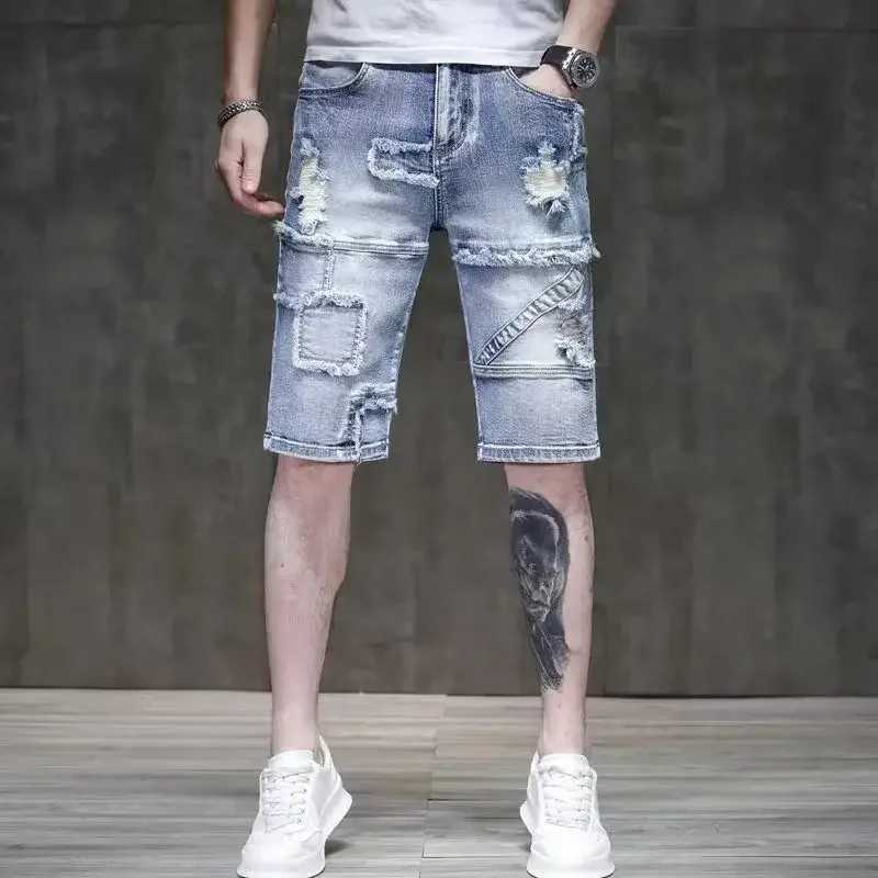 Man Denim Shorts Ripped Patchwork Short Jeans Pants for Men with Comfortable Emo Trend 2024 Vintage Jorts Buttons Y2k FashionXJ250117