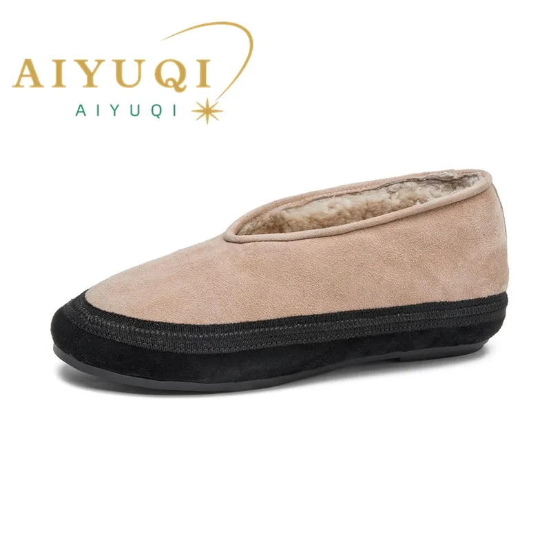 AIYUQI Winter Flat Shoes Women Wool Lining Warm Women Snow Shoes Genuine Leather Comfortable Female Winter Ballet Shoes