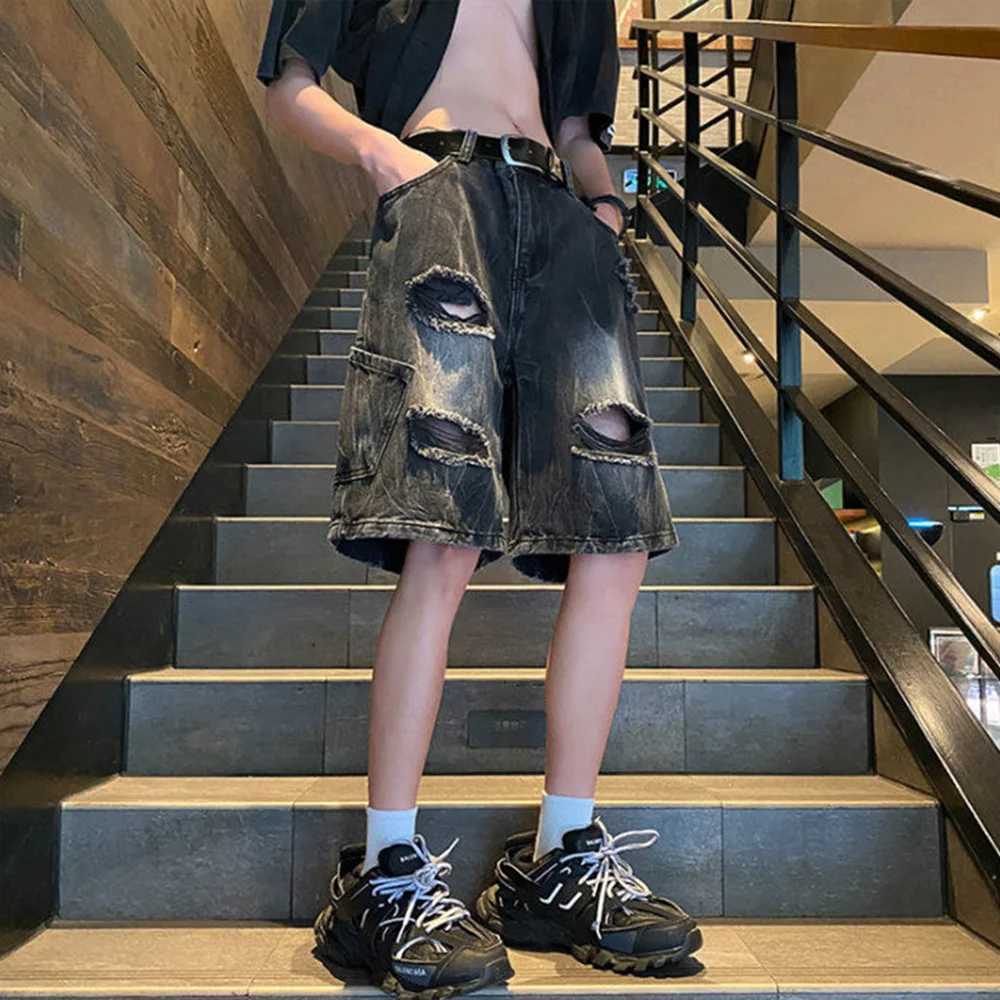 Mens Denim Shorts Ripped Trendy Y2k Lightning Pattern Shorts High Street American Style Versatile Retro Shorts Thin Summer 2024XJ250117