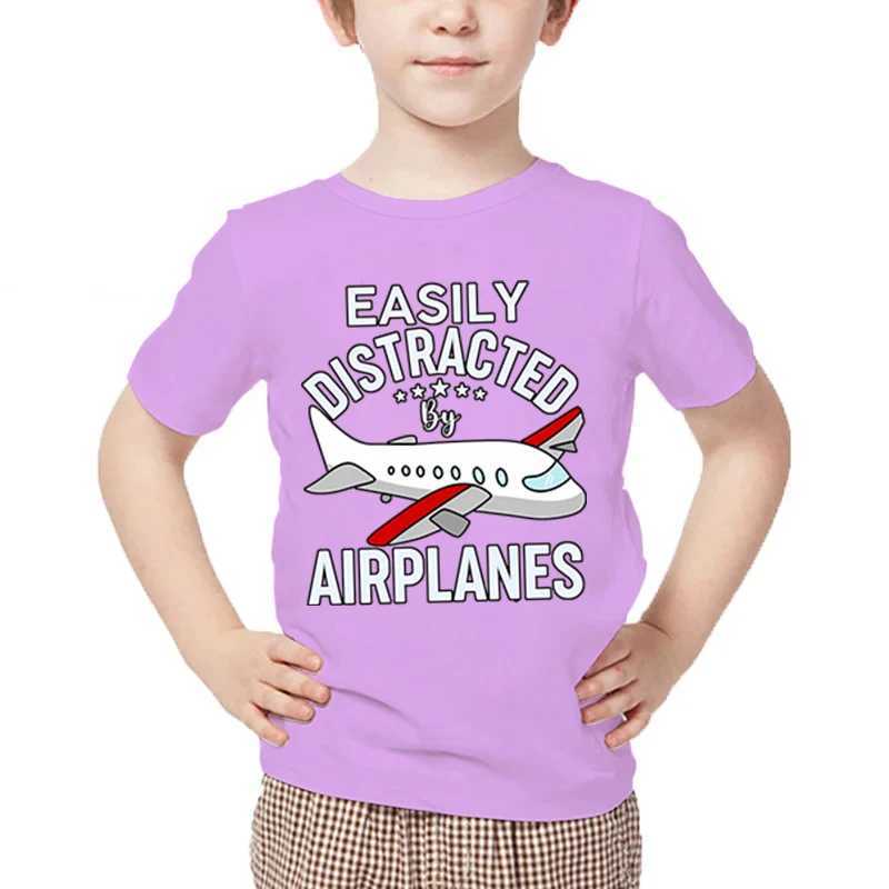 New Aircraft Children T-Shirt Easily Distracted By Airplanes Print T Shirt Harajuku Fashion Plane Tees Girl Boy Cartoon Tshirt M250116