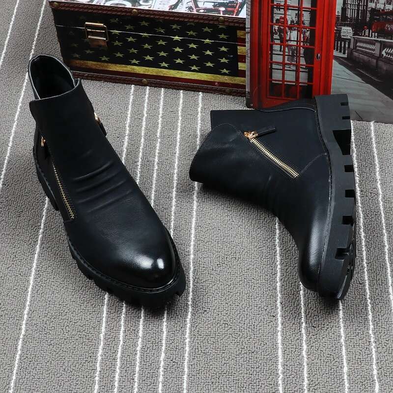 CuddlyIIPanda Designer Men Ankle Fashion Leather Boots British Side Zipper Pointed Toe Male Shoes