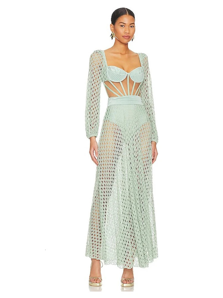 Crochet knit Maxi swimsuit top swimsuit Crochet dress cut elastic bikini womens beach summer outfit 250109