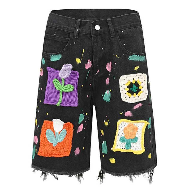 Harajuku Vintage Knitted floral Pattern Denim Shorts Mens Oversized Straight Cut Jeans Casual Loose Shorts College Pants Y2KXJ250117