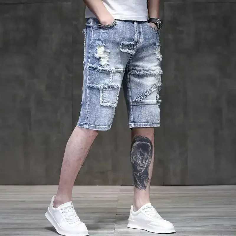 Man Denim Shorts Ripped Patchwork Short Jeans Pants for Men with Comfortable Emo Trend 2024 Vintage Jorts Buttons Y2k FashionXJ250117