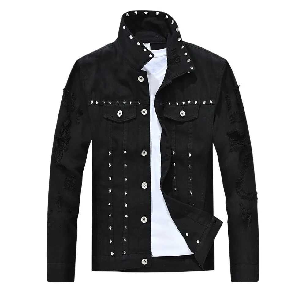 Mens Fashion Punk Jeans Jacket With Rivets High Street Ripped Denim Coat Slim Fit Distressed Studded Outerwear With Holes W250116