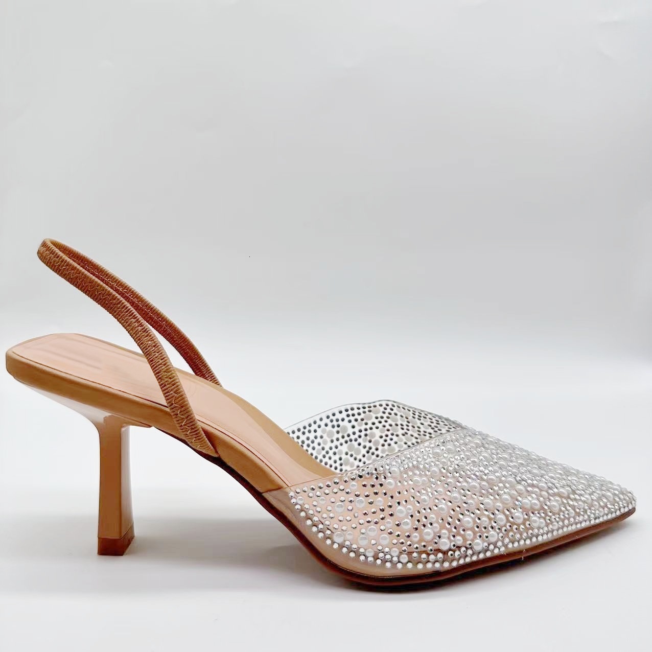 2025 summer new women's shoes brown artificial pearl decoration open heel high heels thin heel pointed shoes sandals for women