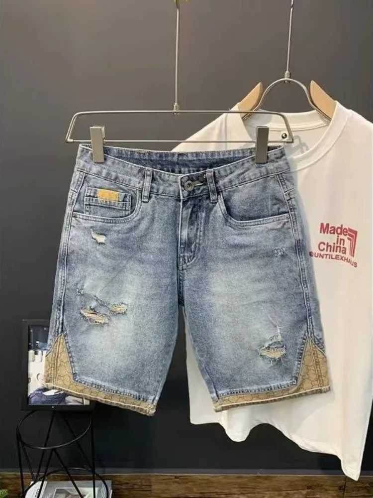 Mens Short Jeans Pants Ripped Male Denim Shorts Blue Stretch Selvedge Fitted Streetwear Trend 2024 Cowboy Sale Y2k Harajuku XlXJ250117