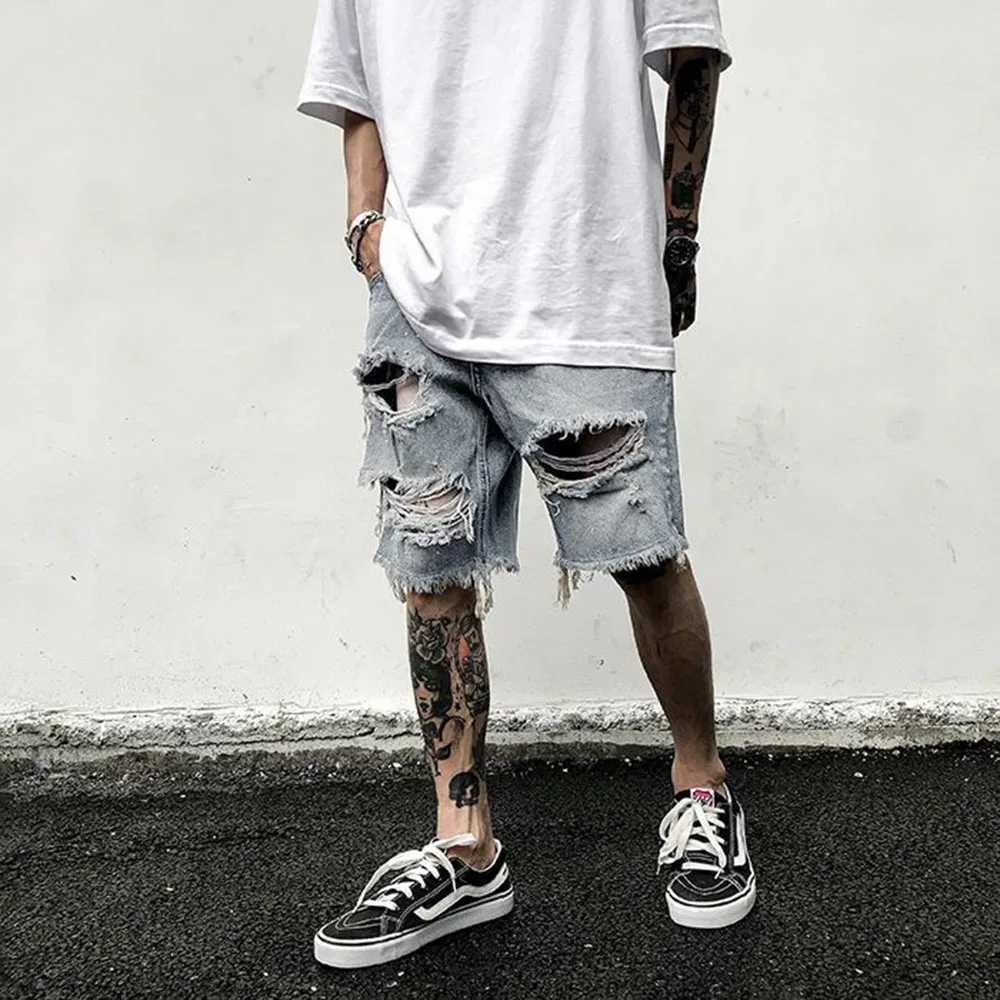 Mens Y2k Unique Shorts 2024 Summer New Fashion Trend Ripped Jeans Loose Large Size Shorts High Quality Old Retro Casual ShortsXJ250117