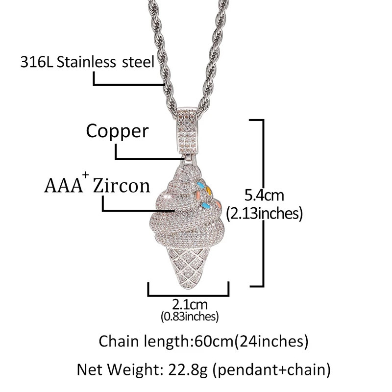 Hip Hop Cubic Zirconia Bling Iced Out Silver Color Ice Cream Pendants Necklace for Men Women Fashion Jewelry Drop 250116