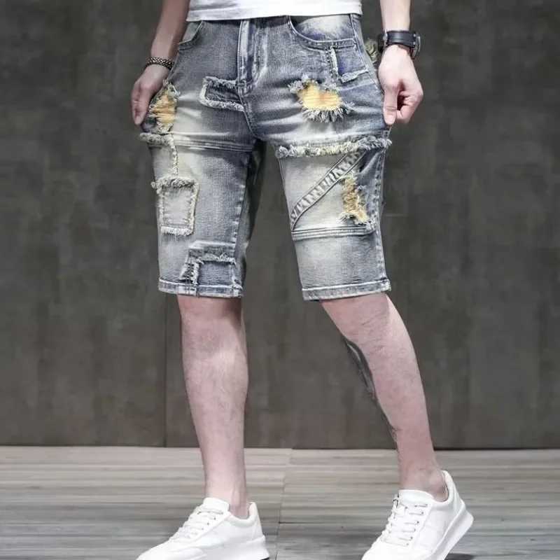 Man Denim Shorts Ripped Patchwork Short Jeans Pants for Men with Comfortable Emo Trend 2024 Vintage Jorts Buttons Y2k FashionXJ250117