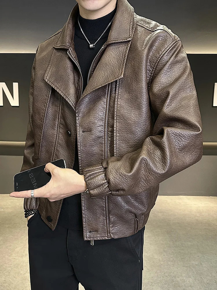 Trendy Splicing Leather Jacket Mens High Street Handsome Stylish PU Coat Autumn Korean Style Lapel Motorcycle Jacket 250109