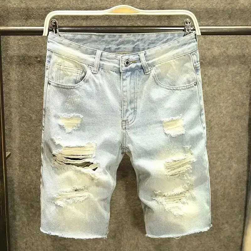 Mens Short Jeans Pants with Pockets Selvedge Male Denim Shorts Ripped Jorts Streetwear Y2k Fashion New in Buttons Korean Cut XlXJ250117