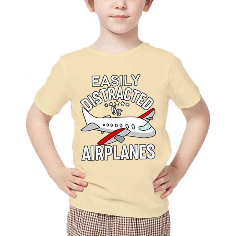 New Aircraft Children T-Shirt Easily Distracted By Airplanes Print T Shirt Harajuku Fashion Plane Tees Girl Boy Cartoon Tshirt M250116