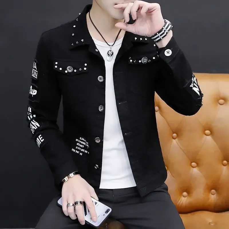 Mens Denim Jacket Short Rivet Casual Slim White Male Jean Coats Korea Lxury Washed in Lowest Price Size L of Fabric Rock Joker W250116