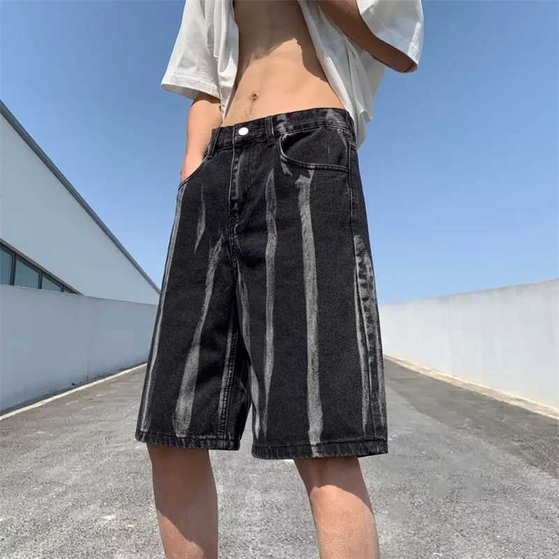 Summer Vintage Tie-dye Denim Shorts Mens Drawstring Y2K Streetwear Straight Short Jeans 2024 New Baggy Hip Hop Male shortsXJ250117