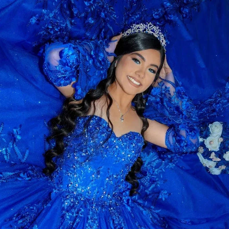 Luxurious Royal Blue Quinceanera Dresses With Lace 3D Floral Appliques Sweetheart Ball Gown Sweet 16 Dress Detachable Long Sleeves Vestido De Vx Anos 