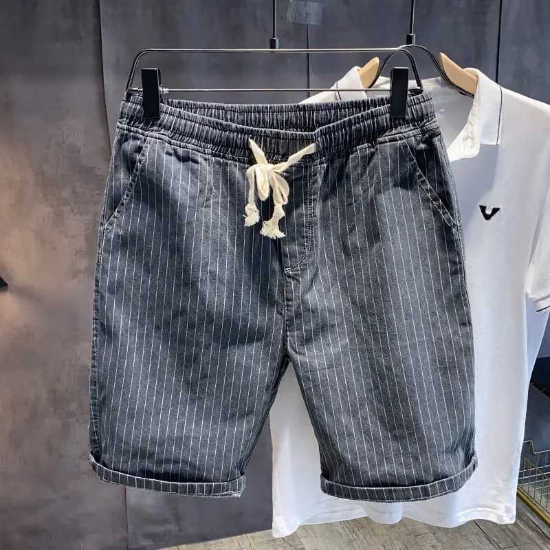 Male Denim Shorts Drawstring Striped With Pockets Mens Short Jeans Pants Gray Designer Vintage Blue Y2k Fashion Korean XlXJ250117