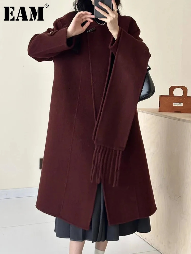 EAM Yellow Big Size Woolen Coat Oneck Long Sleeve With Scarf Horn Buckle Women Jacket Fashion Autumn Winter 2024 30A2598 250109Z