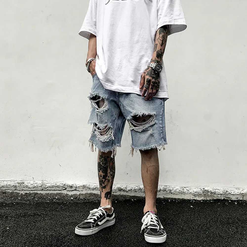 Mens Y2k Unique Shorts 2024 Summer New Fashion Trend Ripped Jeans Loose Large Size Shorts High Quality Old Retro Casual ShortsXJ250117
