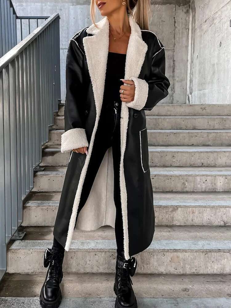 hoodie Women Single Button Long Trench Female Casual Patchwork Big Pockets Outerwear Autumn Winter Loose Solid Thick Overcoat jacket