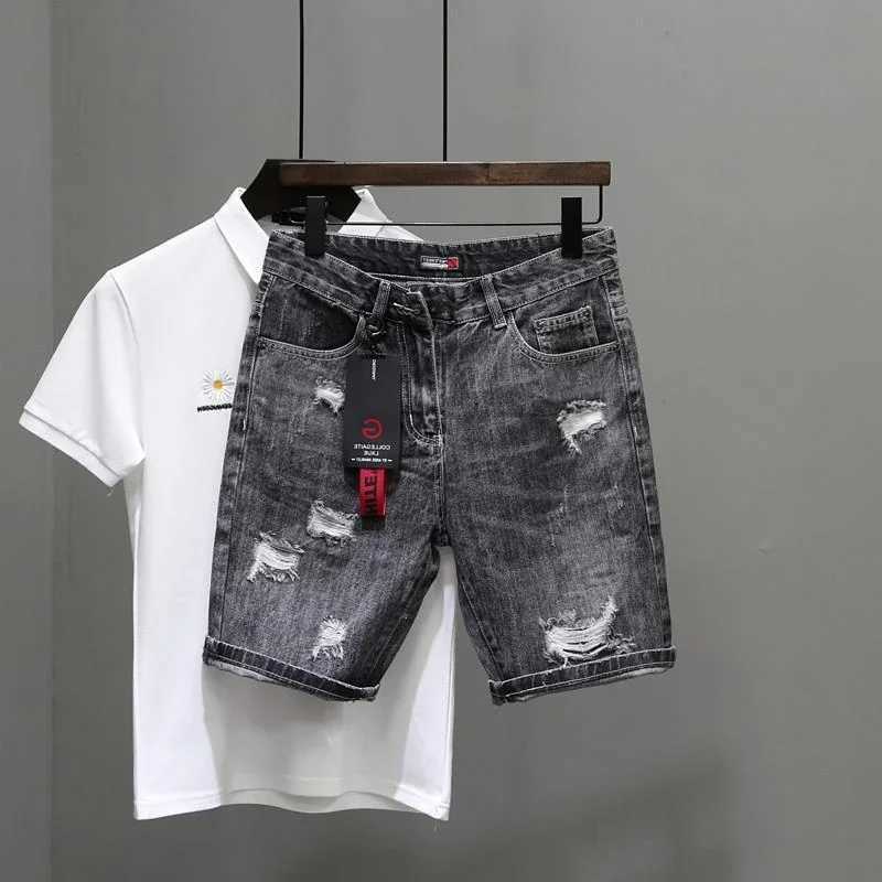 Mens Short Jeans Pants with Text Graphic Gray Male Denim Shorts Summer Y2k Fashion Korean Buttons Jorts Trend 2024 New in ThinXJ250117