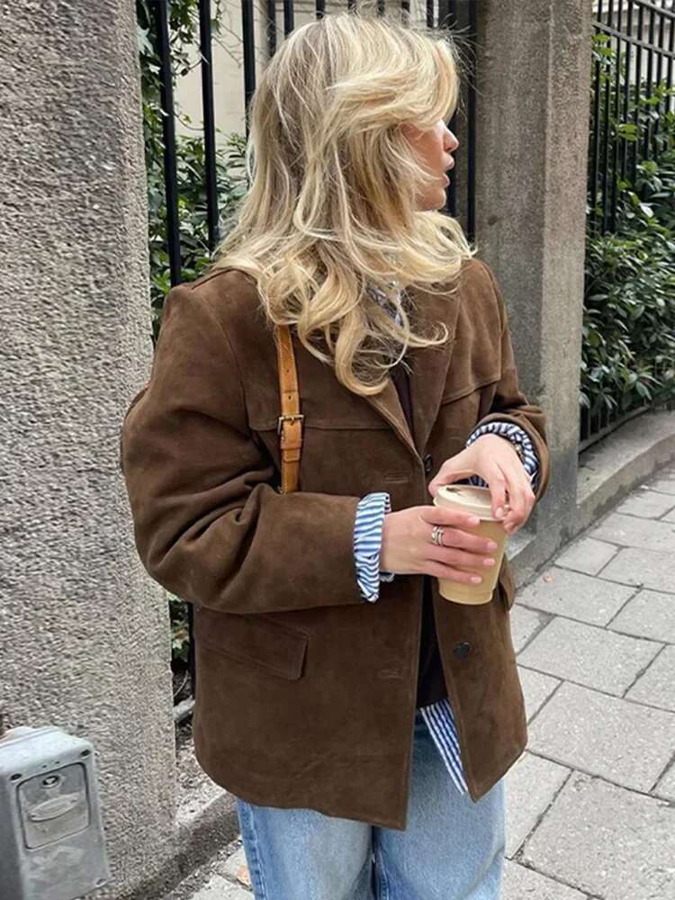 Boyfriend Brown Coat For Women Spring Turndown Collar Long Sleeve Female Jacket 2025 Fashion Loose Single-Breasted Lady Coats